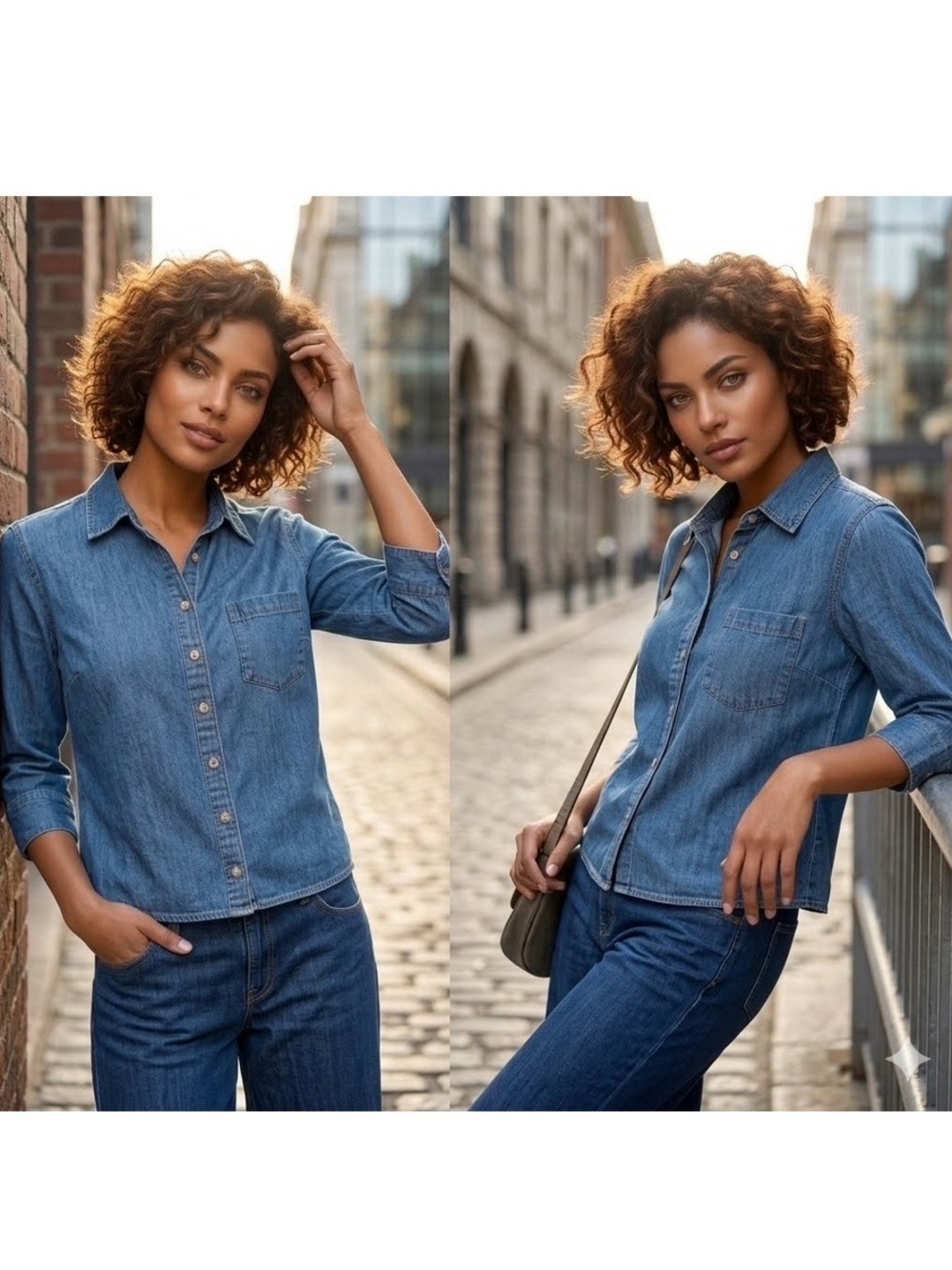 Vintage 90s Paul Harris Denim 3/4 Sleeve Blouse Mid Wash Chambray